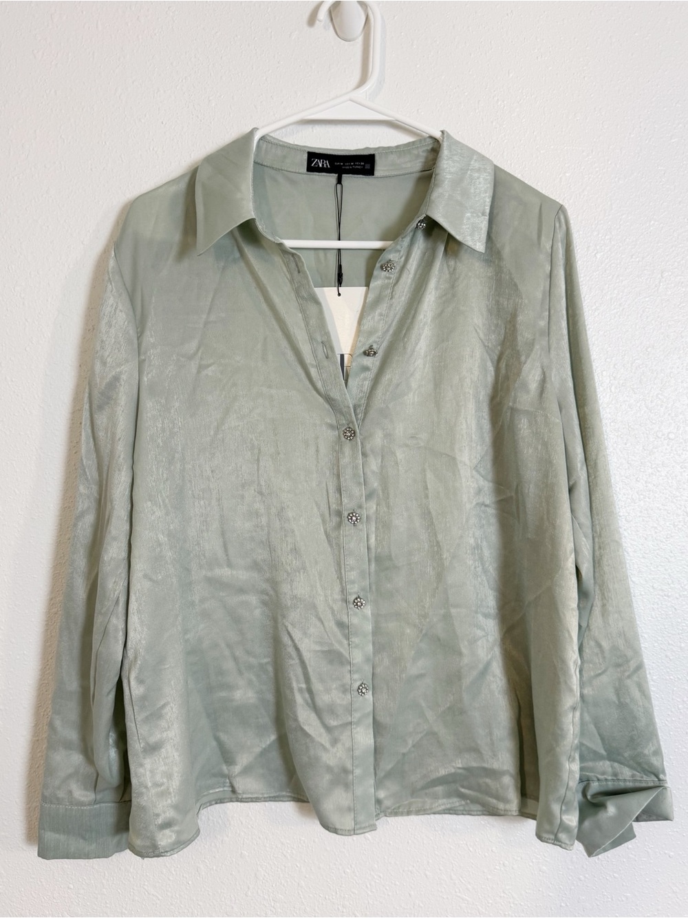 Zara satin mint jewel button up collared blouse